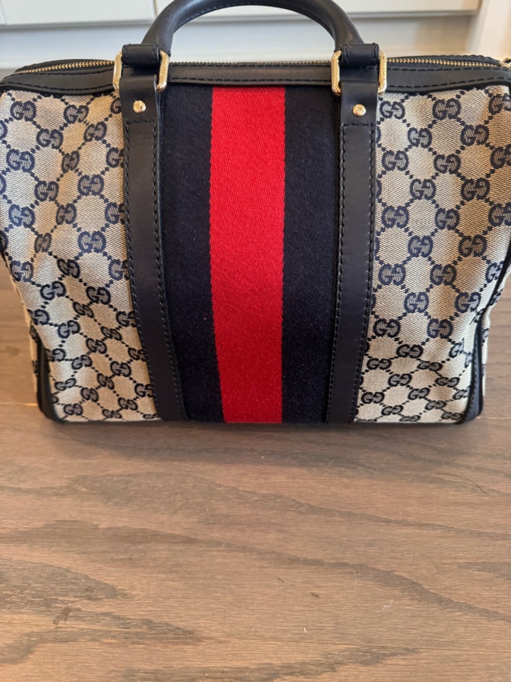 Gucci Beige GG Canvas Boston Bag with Navy and Red Stripe - Picture 3 of 11